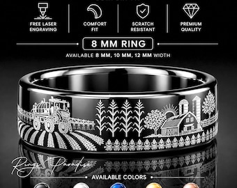 Farmer Wedding Band| Crop Sprayer Farm Engraved Tungsten Ring | Rural Life Landscape Design