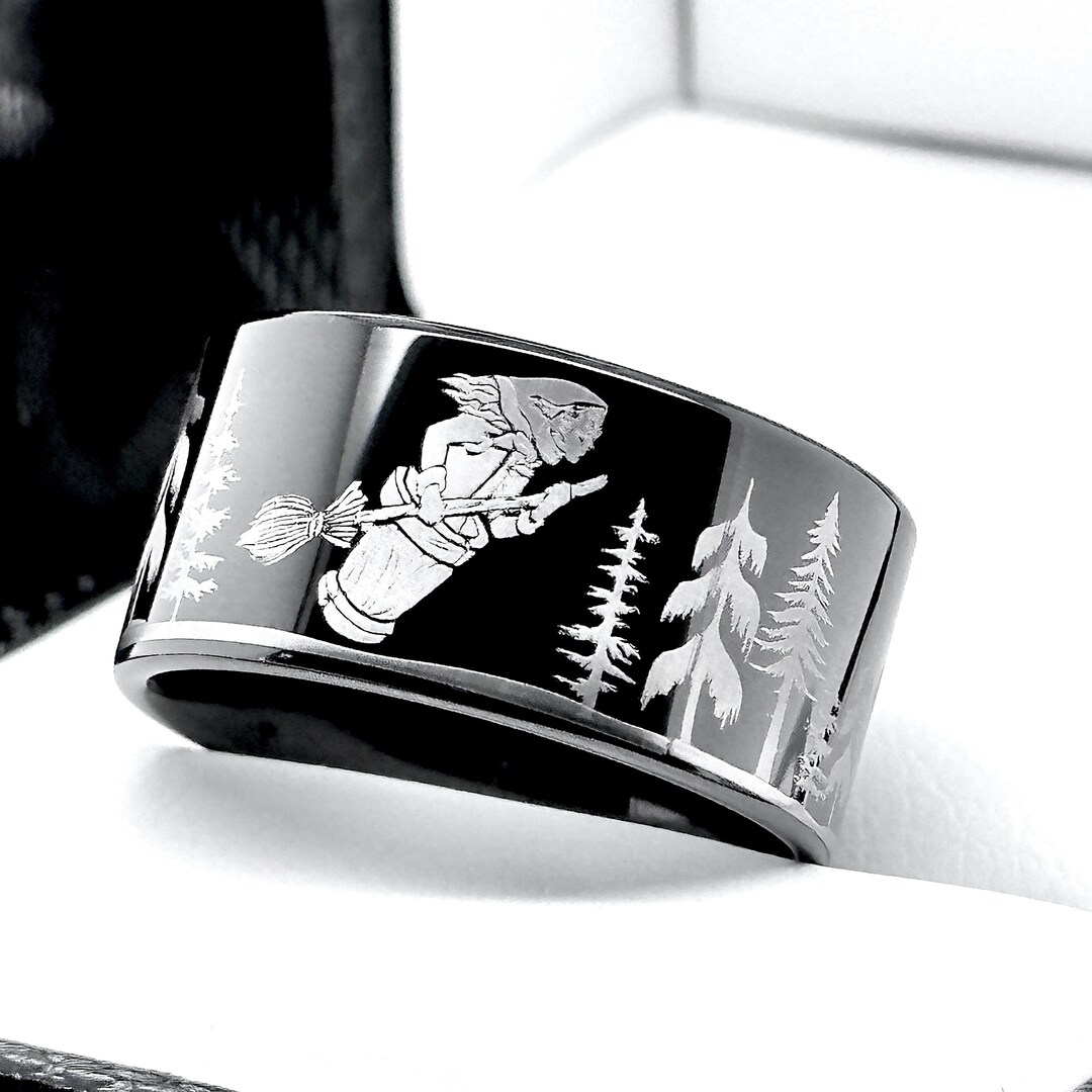 Witch on the Broomstick in the Deep Forest Pattern Engraved Tungsten Ring, Wedding Band, Unique