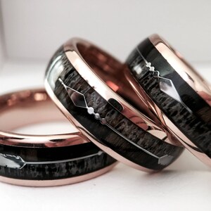 Tungsten Wedding Band | Rose Gold Antler & Wood Arrow Inlay Ring | 8mm
