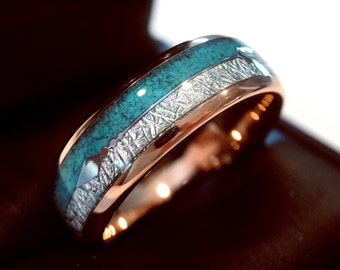 Wedding Bands, Mens Wedding Bands, Rose Gold Ring, Tungsten Ring for Women, Turquoise Meteorite Inlay, Arrow Ring, Engagement Ring, His Hers