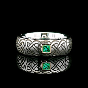 Celtic Knot Tungsten Carbide Wedding Ring | Square Genuine Emerald Stone | 7mm Dome | Men&#39;s & Women&#39;s Wedding Band | Gift for Anniversaries