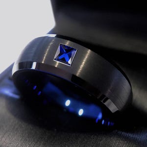 Square Sapphire Mens Wedding Band | Mens Engagement Ring | Black and Blue Tungsten Ring | Sapphire Tungsten Ring | Mens Tungsten Ring