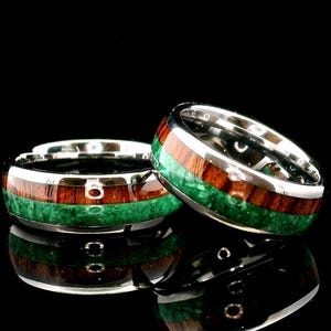 Koa Wood and Malachite Inlay Silver Tungsten Ring | 8mm Comfort Fit Band | Nature-Inspired Gift for Men and Women | His and Hers Rings Set