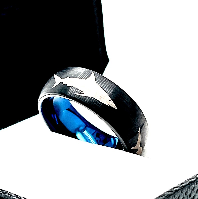 Shark Blue Tungsten Ring, Wedding Bands, Blue Tungsten Ring, Mens Wedding Bands, Shark Ring, Ocean Ring, Nature Ring, His Promise Ring image 1