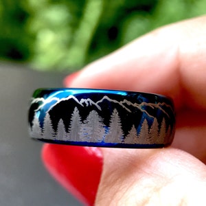Personalized Tungsten Wedding Band | Pine Trees & Mountain Range Engraved Blue Ring | 8mm