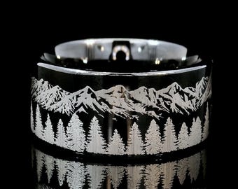 Couples Ring Set | Black Tungsten Wedding Bands | His and Hers Pine Tree Mountain Rings, Nature-Inspired