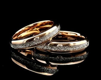 Ring med volfram i roséguld och meteoritinlägg: Unik vigselring (4 mm, 6 mm, 8 mm)