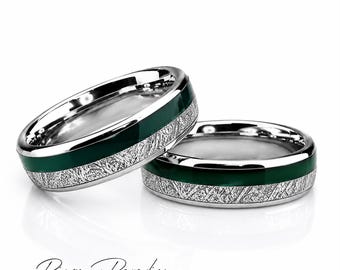 Tungsten Wedding Band Set: Green Agate & Meteorite Inlay, Celestial Ring  (6mm, 8mm)