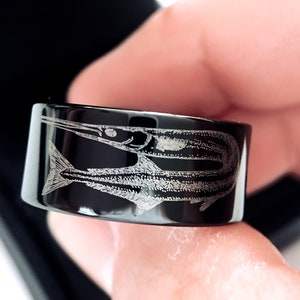 Men&#39;s Tungsten Wedding Band | Gar Alligator Fish Engraved Ring | Custom Free Engraving | Fisherman Gift | Durable Ring | Nature inspired