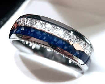 Blue Agate Meteorite Ring | Rose Gold Arrow Inlay Tungsten Band | Engagement Ring for Men & Women, Gift for Husband and Wife 8mm