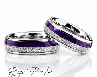 Anillo de tungsteno con ágata púrpura: alianza de boda estilo meteorito.