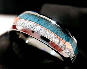 Turquoise Meteorite Ring | Rose Gold Arrow Inlay | 8mm Tungsten Band for Men and Women | His and Hers Gift | Nature-Inspired Promise Ring
