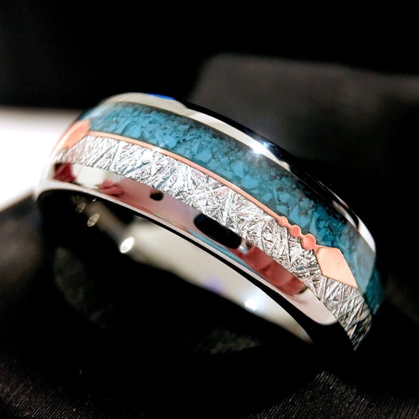 Anillo de meteorito turquesa / Incrustación de flecha en oro rosa / Banda de tungsteno de 8 mm para hombre y mujer / Regalo para él y para ella / Anillo de compromiso inspirado en la naturaleza