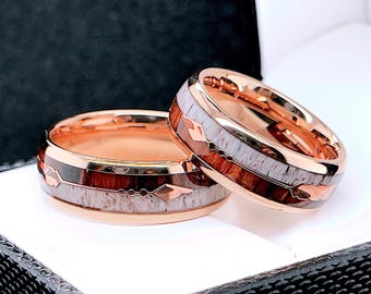 Rose Gold Tungsten Wedding Ring Set: Wood & Antler Inlay, Matching Couple Rings, 8mm