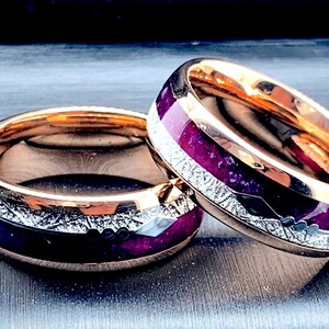 Matching Rings Set, Purple Agate and Meteorite Ring Mens Tungsten Ring, Arrows Ring, Rose Gold I Male Ring Ring for Women, Promise Rings image 4