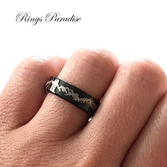 Custom Engraved Mens and Women Ring Engagement Ring High Polished Hammered Black Tungsten Carbide Ring His Promise Ring Mountains Ring