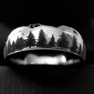 Wedding Bands, Fir Trees in Mountains Forest landscape Pattern, Mens and Women Ring, Tungsten Forest Engraved Ring, His and Her Promise Ring image 8