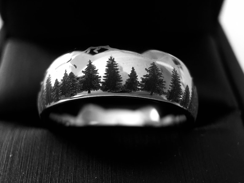Wedding Bands, Fir Trees in Mountains Forest landscape Pattern, Mens and Women Ring, Tungsten Forest Engraved Ring, His and Her Promise Ring image 8