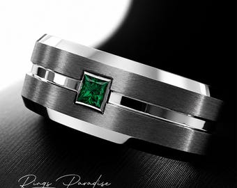 Men's Tungsten Carbide Square Emerald Wedding Band | Gunmetal Mens Engagement Ring | Genuine Emerald Stone Ring | Groom Ring | Mens Ring