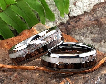 Wedding Bands, Mens Tungsten Ring, Antler Ring, Tungsten Band, Arrow Inlay Ring, Women Wedding Bands, Wooden Ring, Unique Antler Ring, 8mm