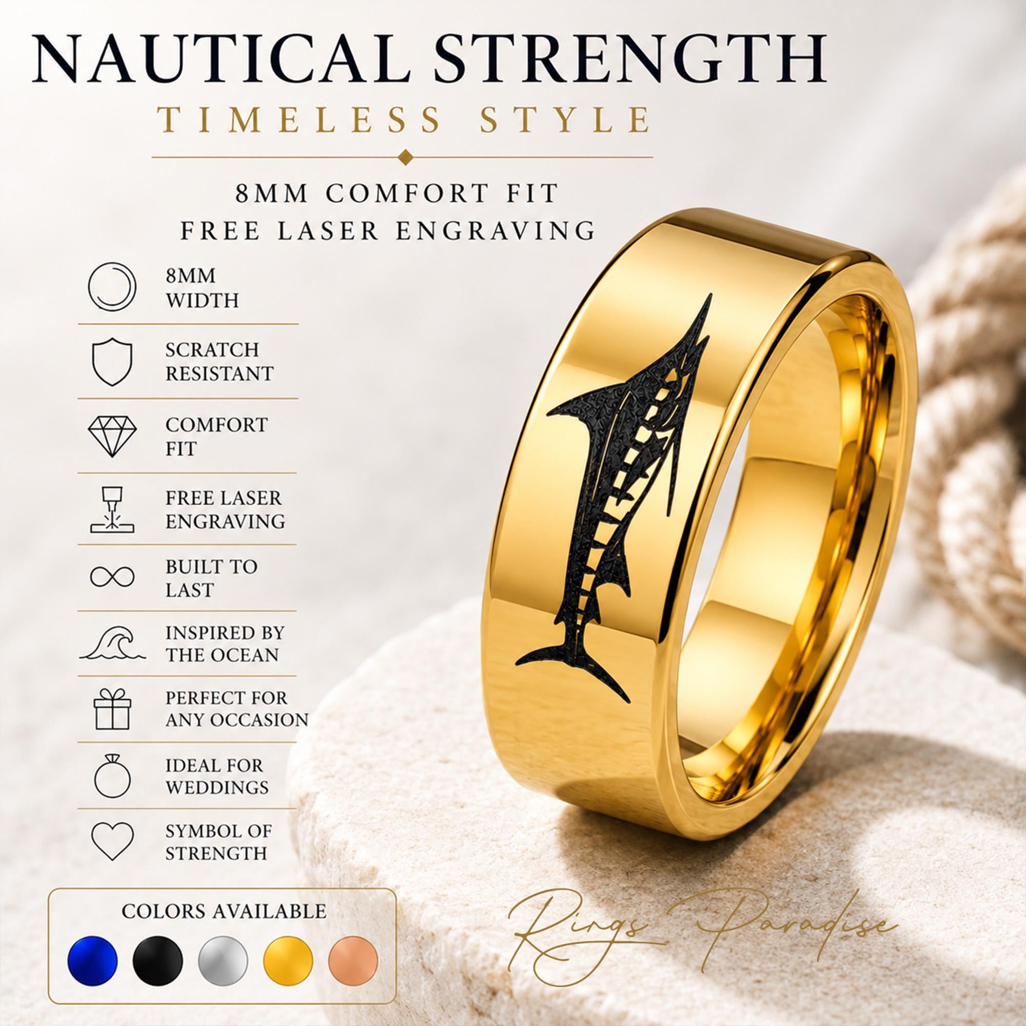 Marlin Engraved Tungsten Ring: Yellow Gold Plated Fisherman