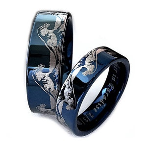 Matching Ocean Wave Ring Set | Tungsten Wedding Bands for Couples | His & Hers Blue Rings | Wave   Engraved Promise Rings | Nature Inspired