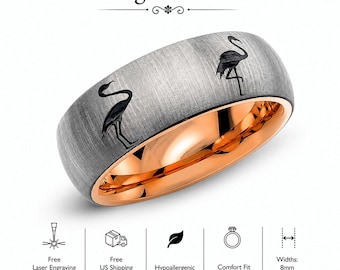 Tungsten Wedding Band | Flamingo Pattern Engraved Ring | His & Hers Promise or Engagement Ring - 8mm