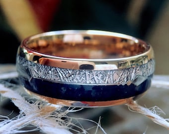 Blue Agate Meteorite Tungsten Ring | Rose Gold Arrow Wedding Band - 8mm