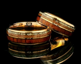 Tungsten Wedding Band | Rose Gold Koa Wood, Aventurine & Antler Ring | 8mm