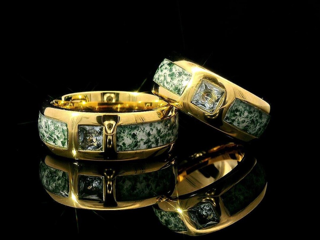 Green Moss Inlay Tungsten Ring: Yellow Gold Wedding Band, 8mm Comfort ...