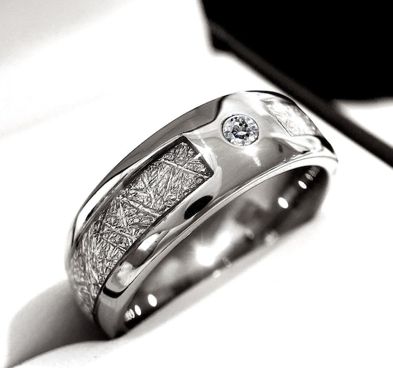 His /& Hers Matching 4MM meteorito embutido conjunto anillo de compromiso alianza de boda