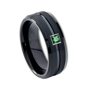 Green Emerald Wedding Band | Men&#39;s Black Tungsten Ring | Square Emerald Engagement Ring | Anniversary Gift | Durable Men&#39;s Wedding Ring