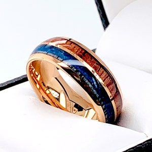 Rose Gold Tungsten Wedding Ring: Wood, Antler & Blue Agate Inlay, 8mm