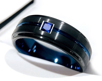 Mens Wedding Bands, Mens Ring, Engagement Ring, Mens Tungsten Ring, Blue Square Sapphire Stone Settinhg, Women Tungsten Ring , Promise Ring