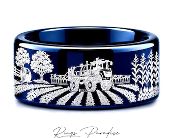 Anillo de agricultura de precisión / Anillo de tungsteno azul grabado con diseño de pulverizador agrícola / Anillo para maquinaria agrícola