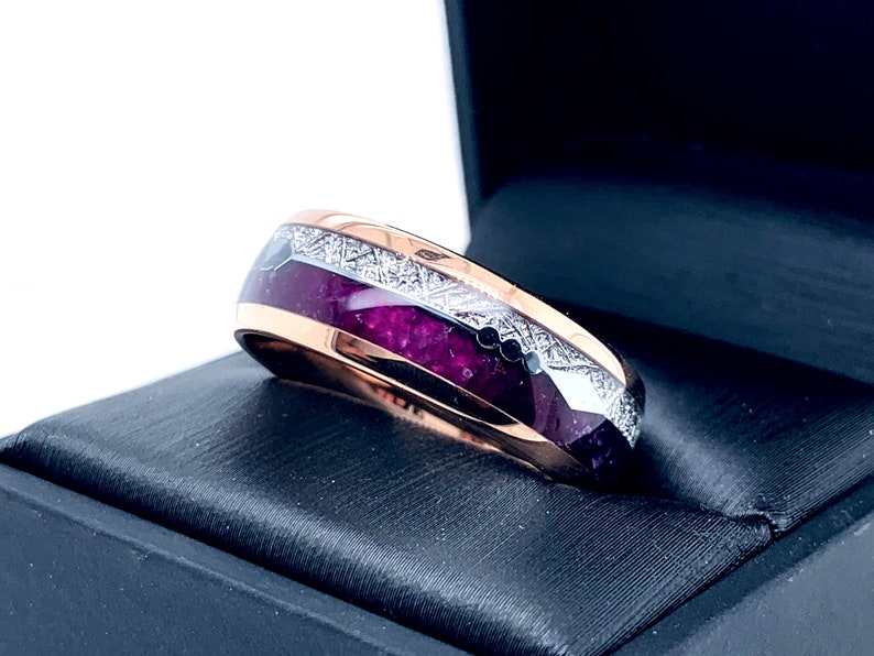 Matching Rings Set, Purple Agate and Meteorite Ring Mens Tungsten Ring, Arrows Ring, Rose Gold I Male Ring Ring for Women, Promise Rings image 8