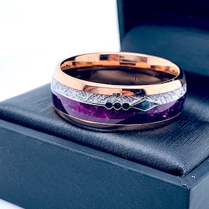 Matching Rings Set, Purple Agate and Meteorite Ring Mens Tungsten Ring, Arrows Ring, Rose Gold I Male Ring Ring for Women, Promise Rings image 6