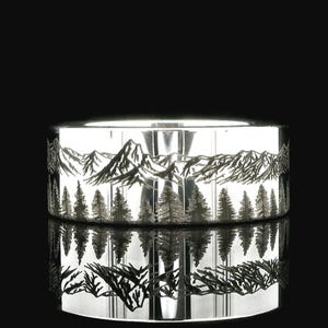 Fir Forest and Mountains Range Mens and Women Tungsten Ring| Nature Wedding and Engagement Ring |  Unique Custom Engraved Band | Durable
