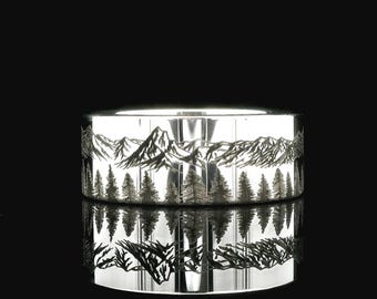 Fir Forest and Mountains Range Mens and Women Tungsten Ring| Nature Wedding and Engagement Ring |  Unique Custom Engraved Band | Durable