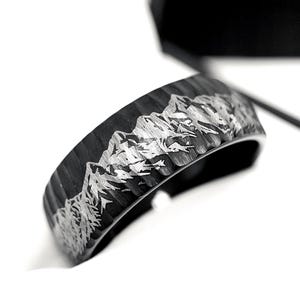 Black Brushed Hammered Tungsten Carbide Ring | Mountain Design Wedding Bands | Custom Engraved Promise Ring | Comfort Fit 8mm | Durable