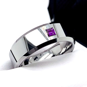 Amethyst Stone Ring, Mens Wedding Band, His Promise Ring, Mens Tungsten Ring,  Mens Engagement Ring, Men's Ring, Purple Stone Amethyst Ring