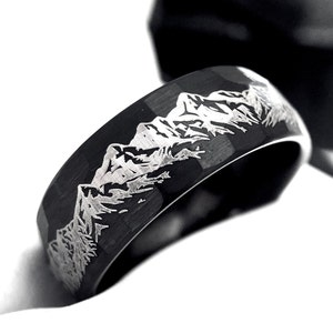 Mens Wedding Band, Mountains Pattern Engraved Black Tungsten Carbide Ring, Custom Engraved Mens and Women Ring, Engagement Ring, Black Ring