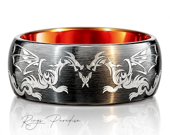 Engraved Dragon Tungsten Ring: Black and Red Wedding Band - 8mm