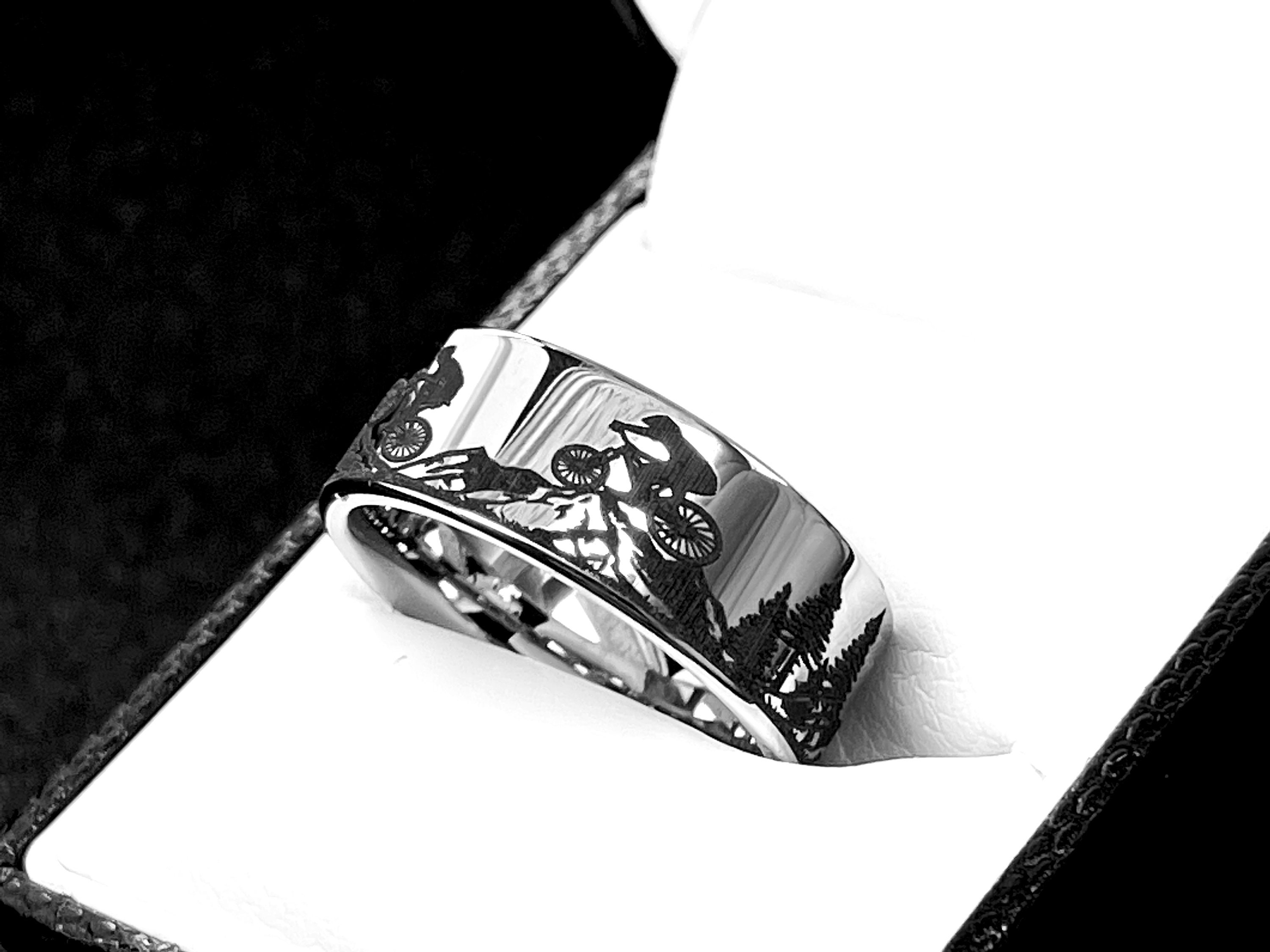 Cyclist Tungsten Carbide Ring: Mountain Bike Landscape Wedding