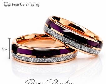 Matching Wedding Bands | Meteorite Rings | Purple Agate | Rose Gold Tungsten | His And Hers