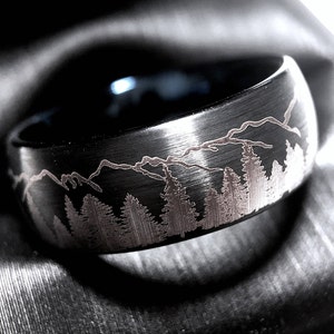 Engraved Fir Tree Tungsten Wedding Band: Black Mountain Ring, 8mm