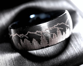 Nature-inspired Black Wedding Band | Fir Trees Forest and Mountain Range Engraved Black Brushed Mens Tungsten Band, Wedding Ring for Women