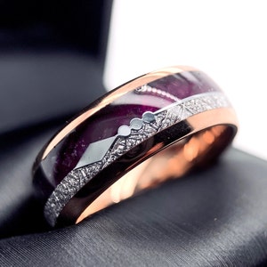 Lila Achat & Meteorit Wolfram Ring | Pfeil Inlay Passende Paare Ringe Set | Sein und Ihr Geschenk | Eheringe | Langlebige bequeme Passform