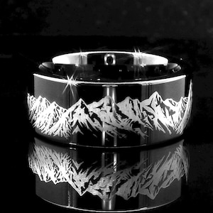 Mountain Wedding Band | Black Tungsten Ring | Men’s Nature Wedding Band | His and Hers Promise Rings | Mountain Ring Set | Outdoor Band