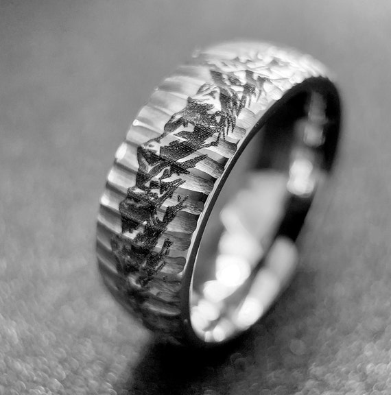 Custom Engraved Mens and Women Ring Engagement Ring High Polished Hammered Black Tungsten Carbide Ring His Promise Ring Mountains Ring